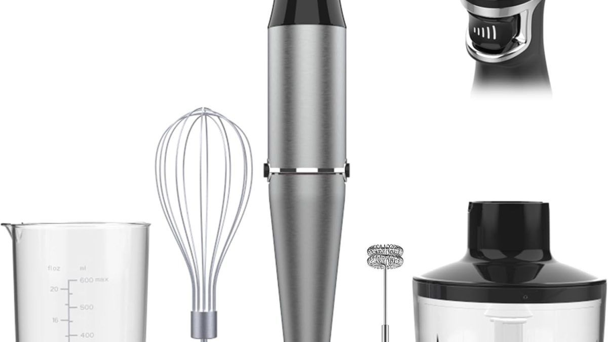 1100W Turelar 5-in-1 immersion hand blender set with multiple attachments for blending, whisking, chopping, and mixing