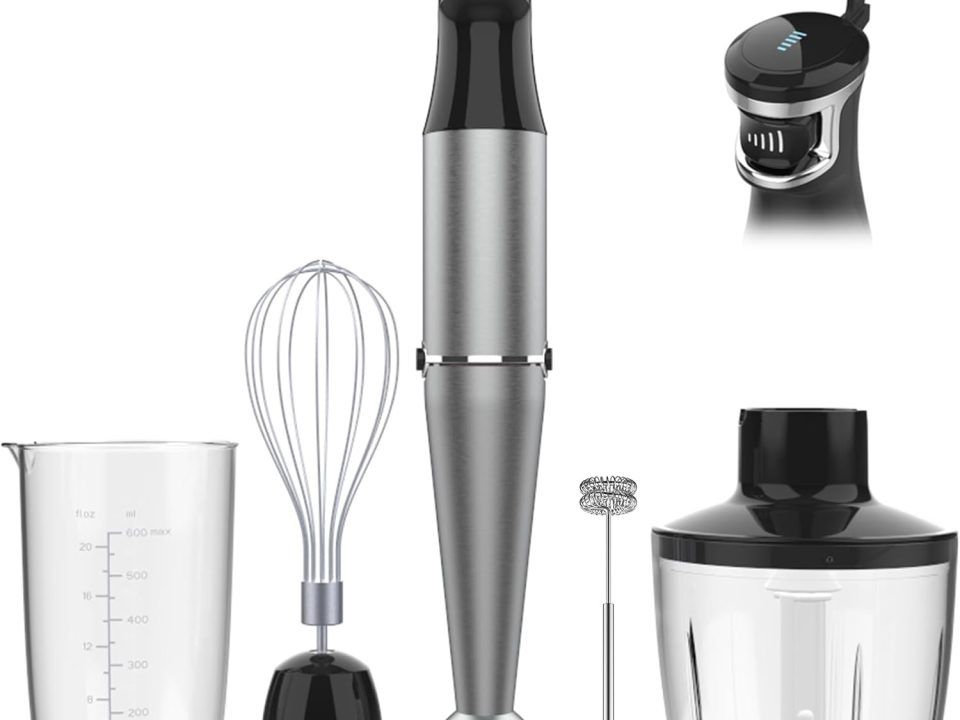 1100W Turelar 5-in-1 immersion hand blender set with multiple attachments for blending, whisking, chopping, and mixing