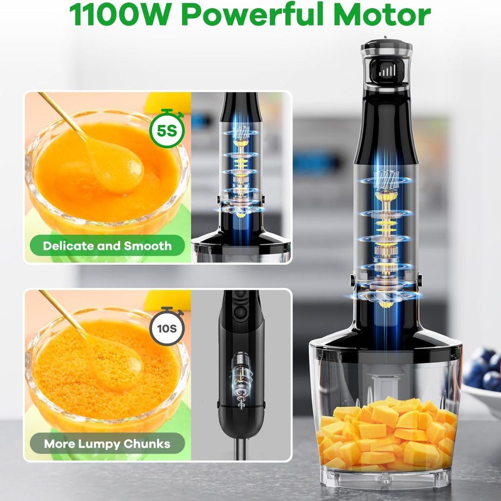 1100W Turelar 5-in-1 immersion hand blender set with detachable stainless steel attachments for blending, whisking, chopping, and mixing