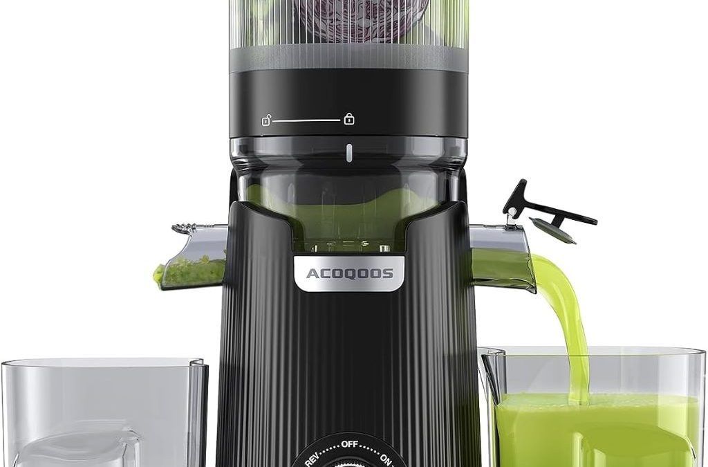 ACOQOOS slow masticating juicer with wide chute and two cups for fresh fruit and vegetable juice.