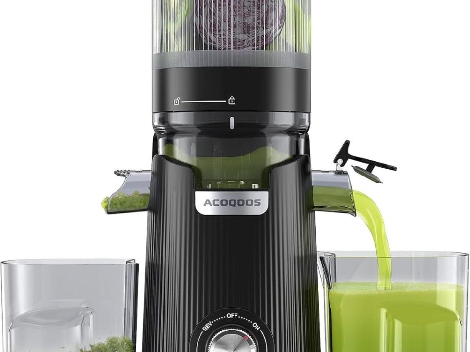 ACOQOOS slow masticating juicer with wide chute and two cups for fresh fruit and vegetable juice.