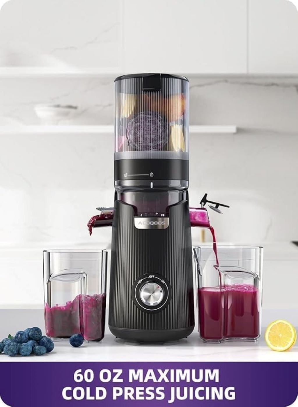 High-yield cold press juicer by ACOQOOS, easy to clean, perfect for whole fruits and veggies.