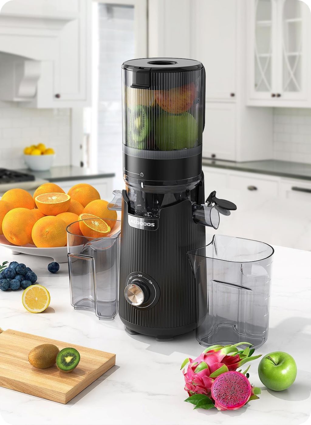 Compact ACOQOOS juicer with auto-feed chute, slow extraction, and convenient two-cup design.