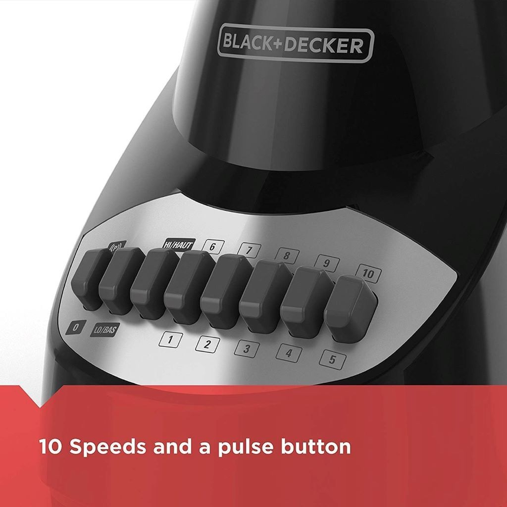 Front view of BLACK+DECKER blender with glass jar and pulse control button