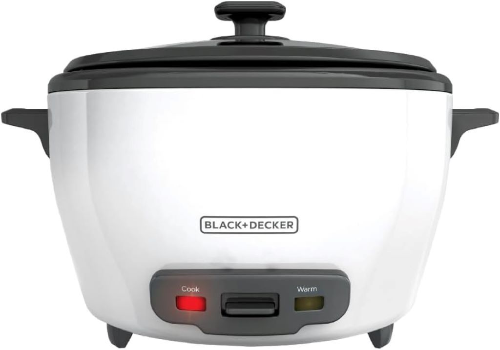 BLACK+DECKER 28-Cup Rice Cooker with removable non-stick bowl and steaming basket in white.