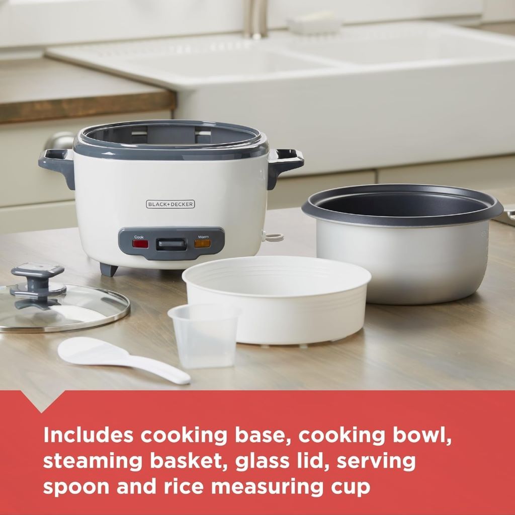 Large-capacity BLACK+DECKER rice cooker for up to 28 cups, perfect for steaming and cooking.