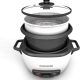 White BLACK+DECKER rice cooker with non-stick interior and steaming basket for easy meal prep.