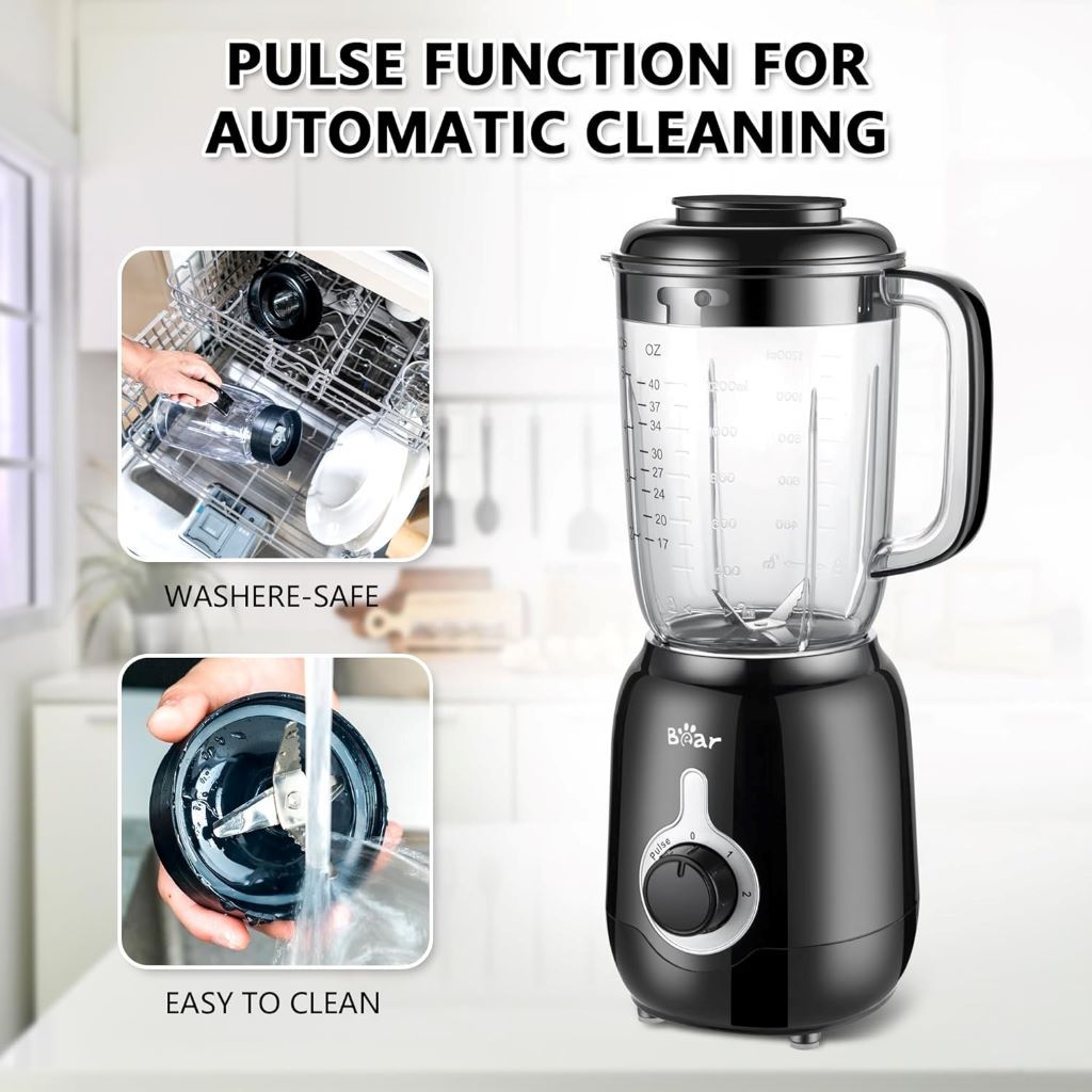 Bear Blender 2025 in action making a fruit smoothie, durable 40oz cup and autonomous clean mode visible.