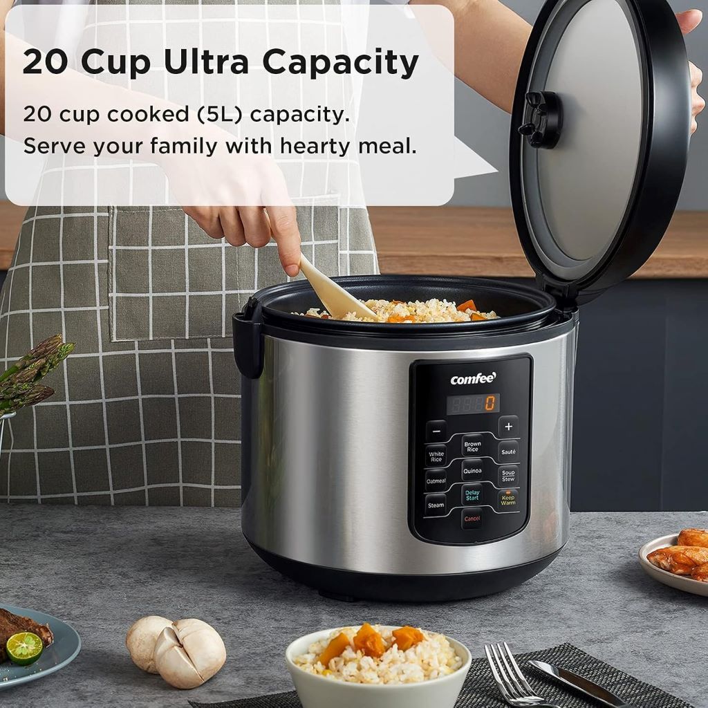 Versatile rice maker, steamer, sauté, and warmer by COMFEE’ in brown finish