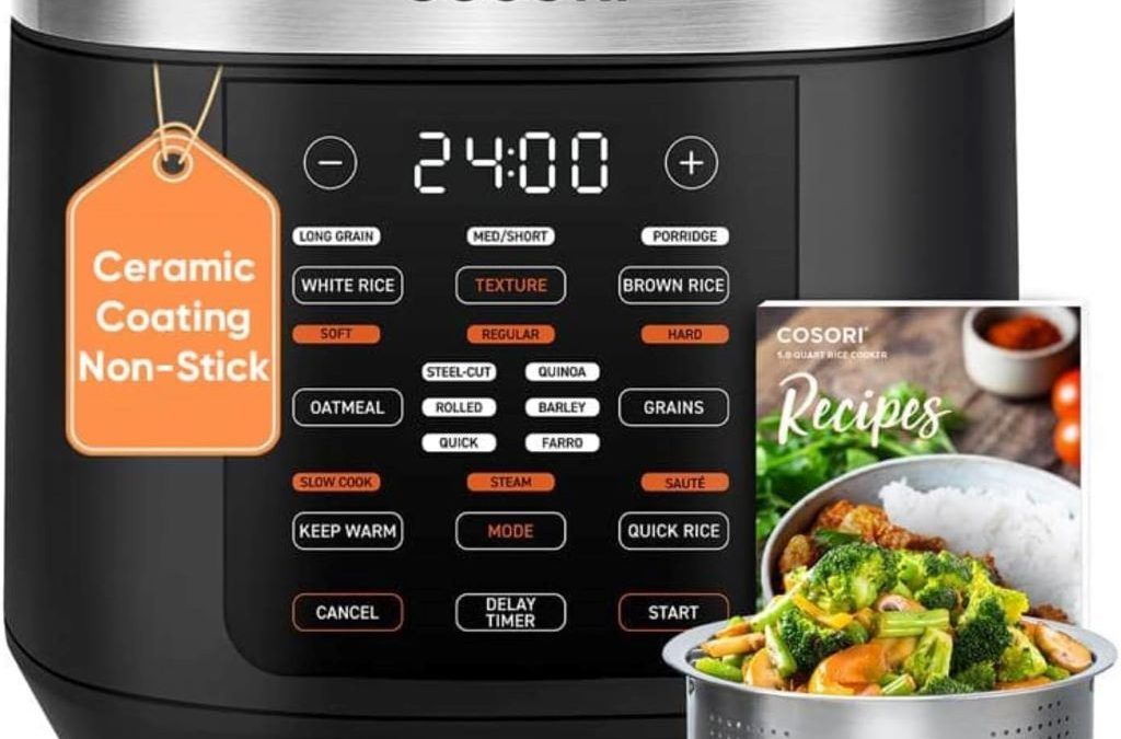 COSORI 10-Cup Rice Cooker with 18 cooking functions and ceramic non-stick inner pot in black.