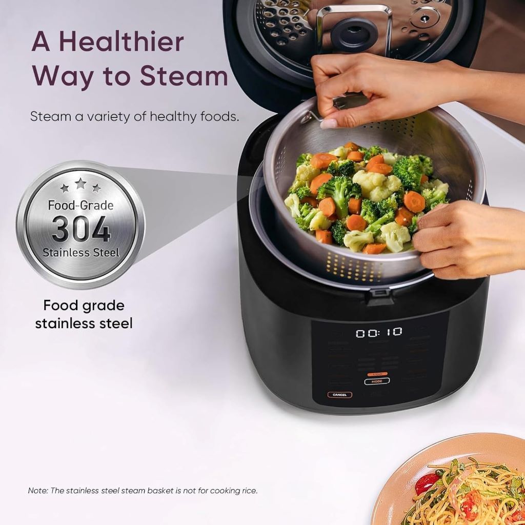 Modern COSORI rice maker featuring a stainless steel steamer basket, slow cook, and sauté functions.