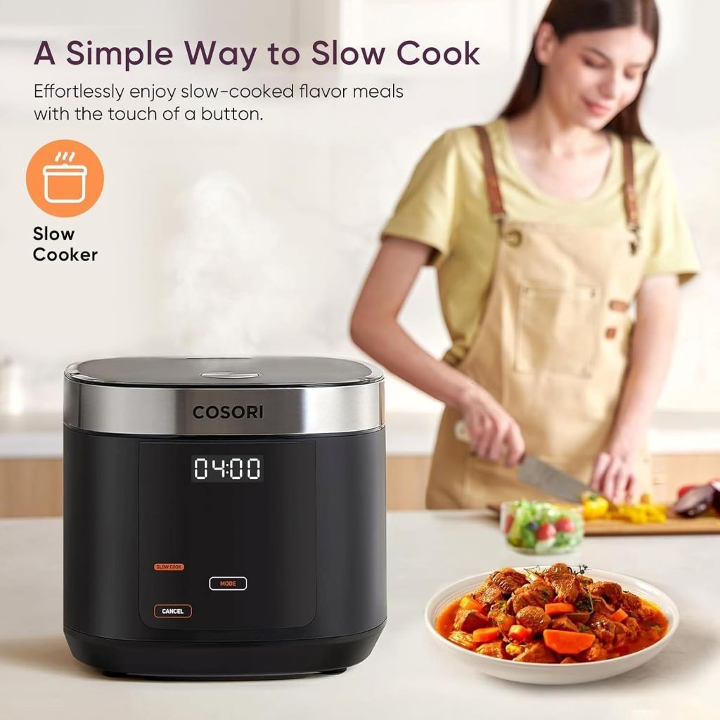 Versatile COSORI rice cooker for home kitchens with keep-warm feature and multifunctional cooking options.