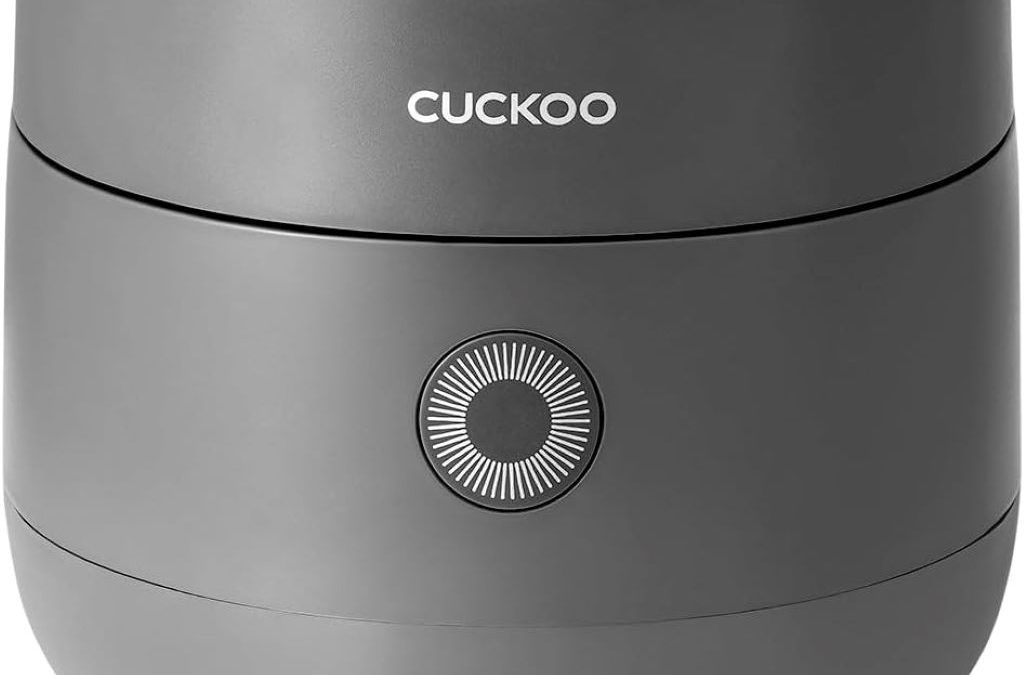 CUCKOO 3-cup rice cooker with fuzzy logic, delay timer, and keep-warm function in gray.
