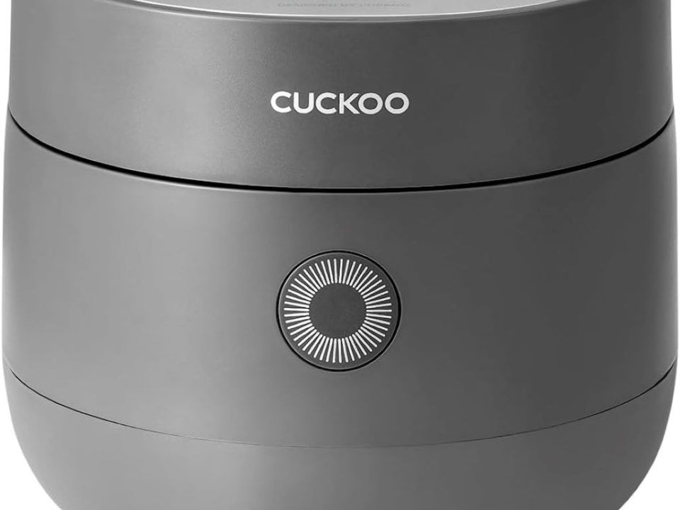 CUCKOO 3-cup rice cooker with fuzzy logic, delay timer, and keep-warm function in gray.