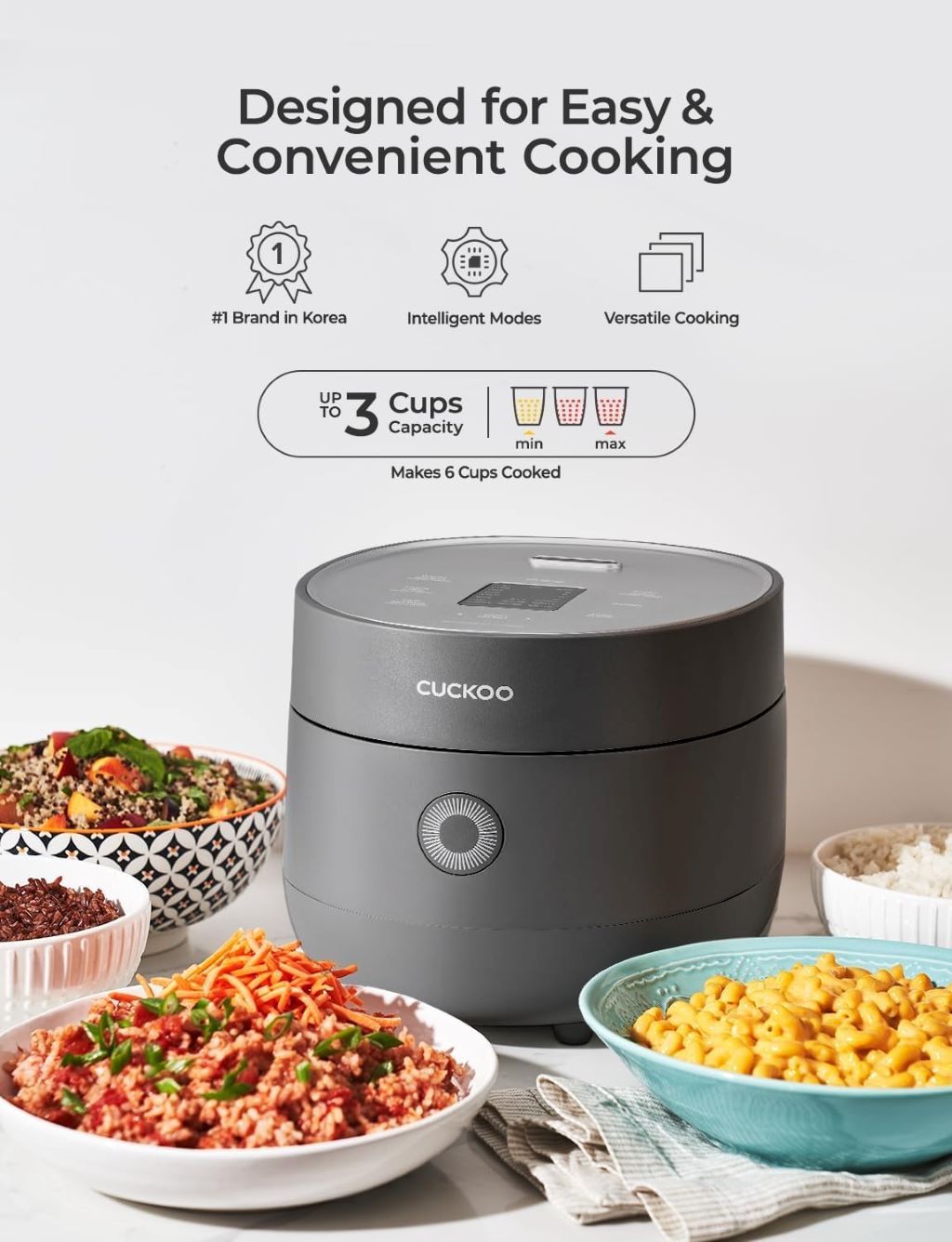 Compact CUCKOO rice cooker with non-stick pot, versatile steaming, and modern design.