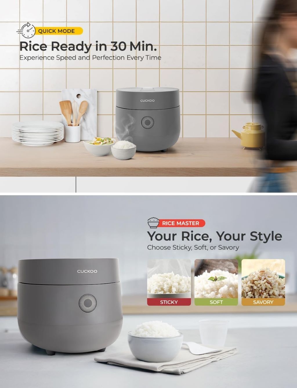 Gray CUCKOO 3-cup rice cooker for perfectly cooked rice and easy meal prep.