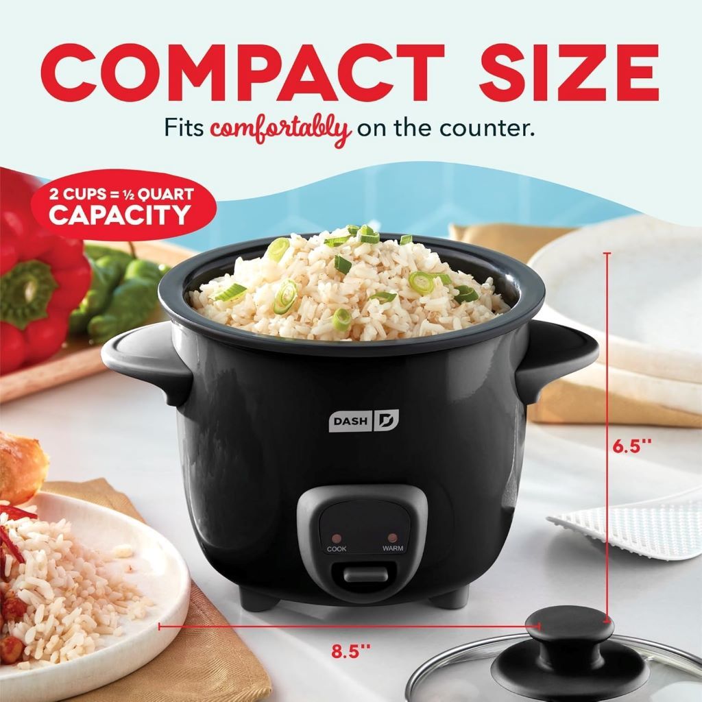 Compact DASH rice cooker steaming grains, soups, and oatmeal