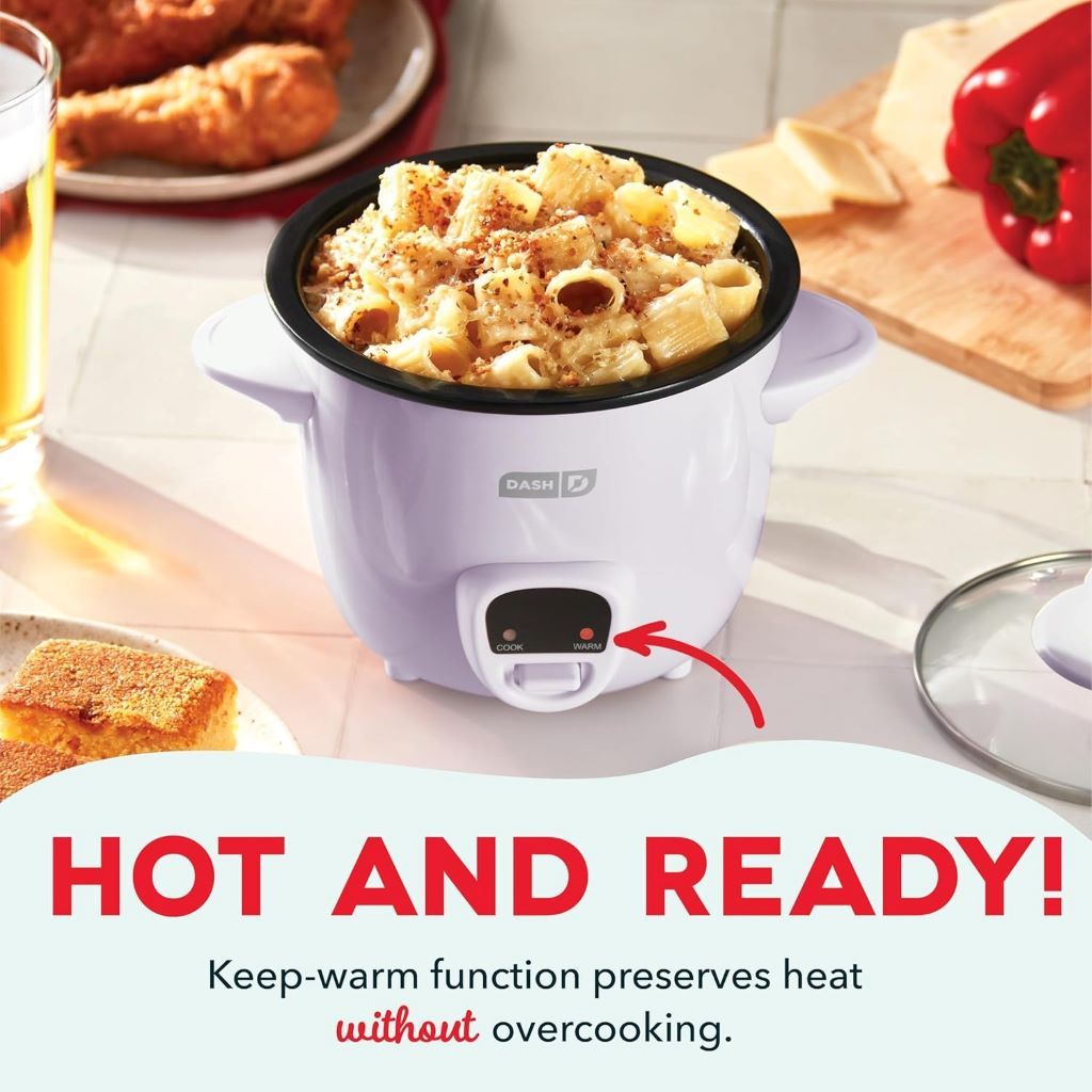 Compact Dash rice cooker for soups, stews, grains, and oatmeal with keep-warm function.
