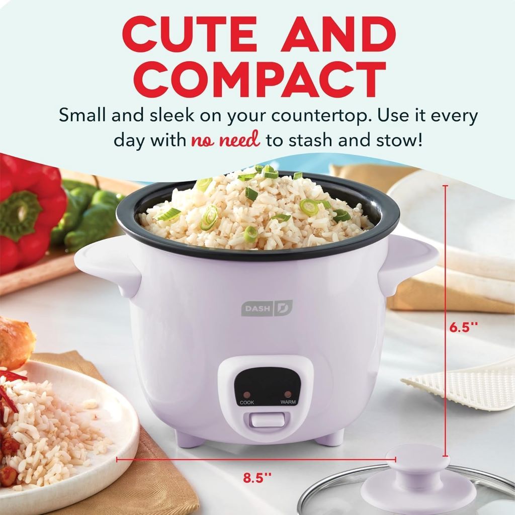Lavender Dash mini cooker and steamer, perfect for small kitchens and quick meals.