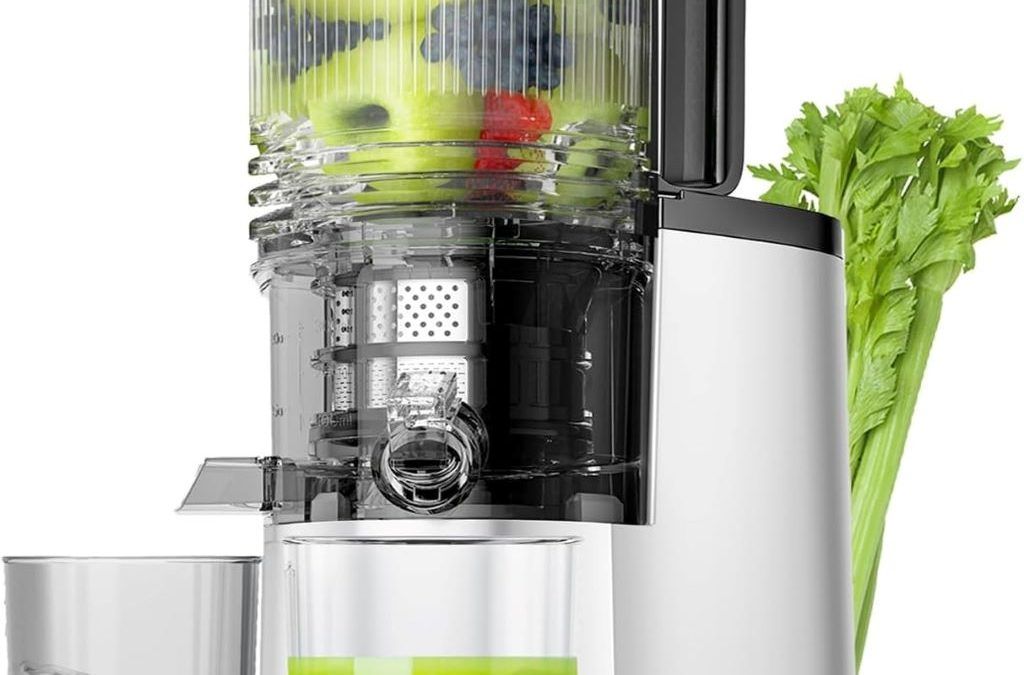 EanOruus 400W Cold Press Juicer with wide feed chute and metallic silver finish.