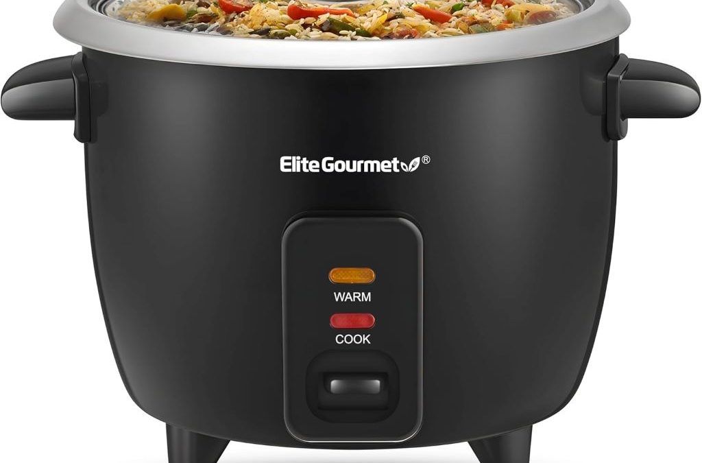 Elite Gourmet ERC003B 6-cup electric rice cooker in black with keep-warm function