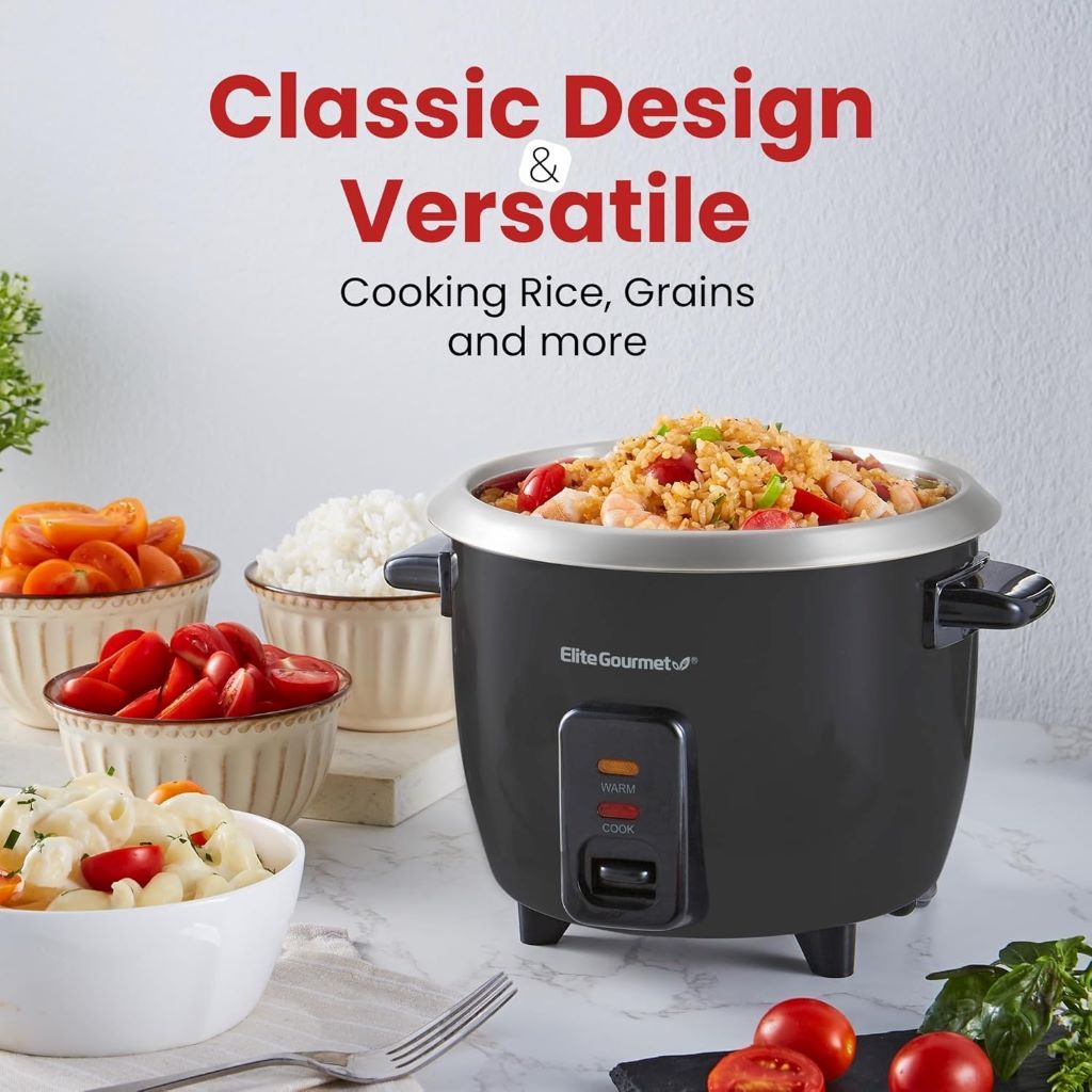 Compact Elite Gourmet rice cooker for rice, soups, stews, grains, and cereals