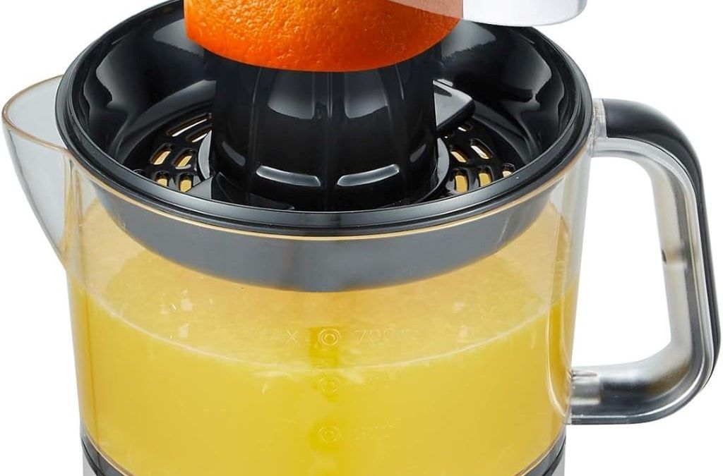 Elite Gourmet Electric Citrus Juicer in black and stainless steel with pulp control and easy-pour spout.