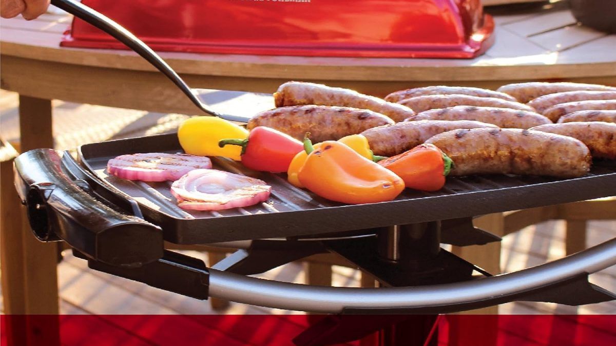 Sleek George Foreman grill in action with sizzling burgers, showcasing its indoor/outdoor versatility and mess-free grilling.