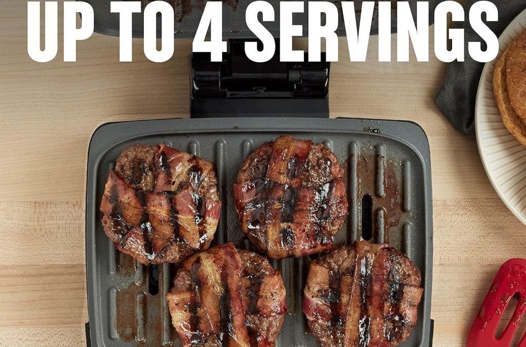 Sleek George Foreman grill on countertop with caption overlay: Dishwasher-Safe Nonstick—Worth the Hype?