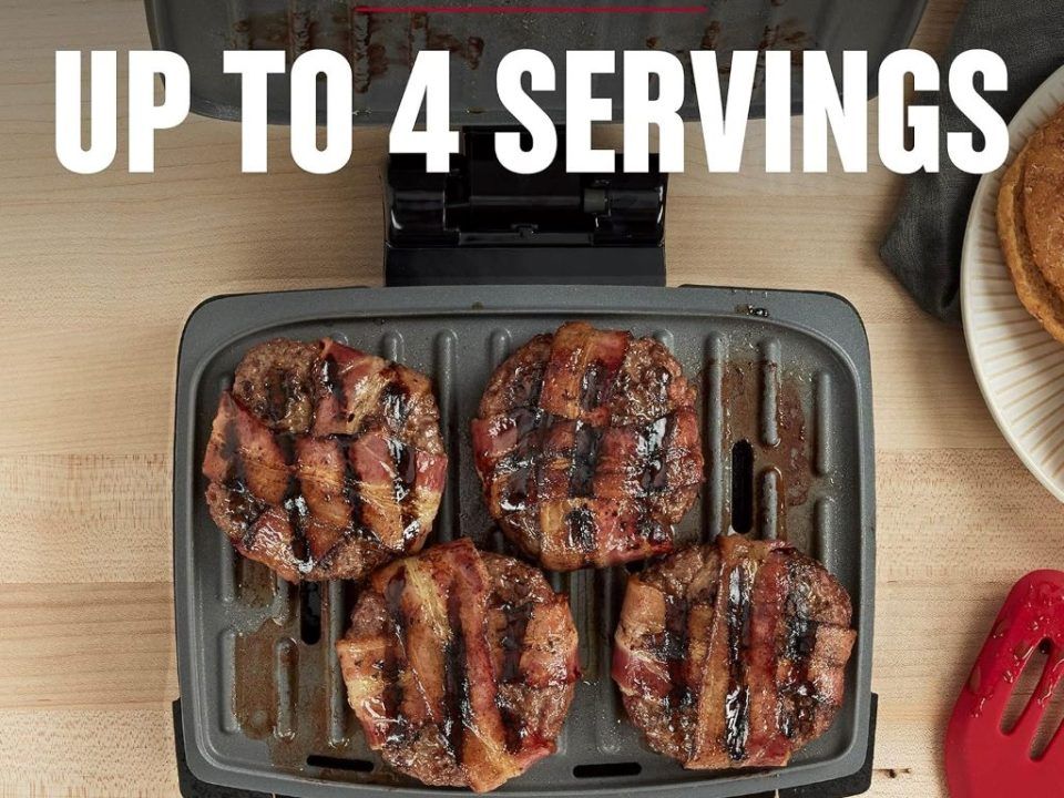 Sleek George Foreman grill on countertop with caption overlay: Dishwasher-Safe Nonstick—Worth the Hype?
