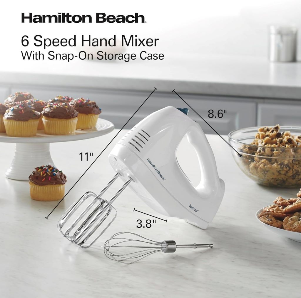 White Hamilton Beach hand mixer with snap-on storage case