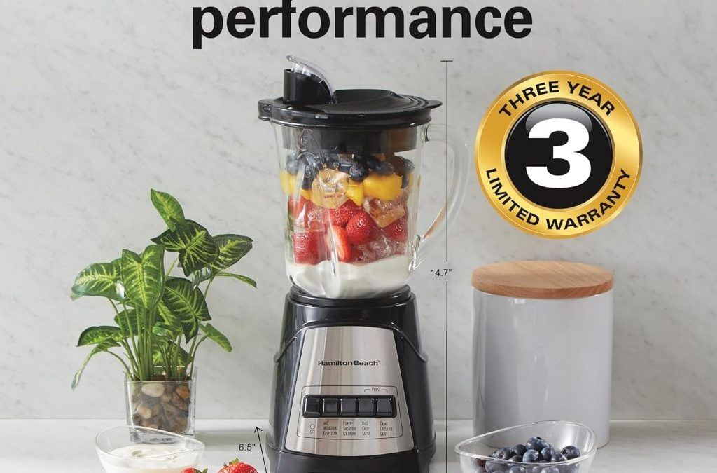 Hamilton Beach Power Elite blender with 40oz glass jar and 12 blending functions, shown on kitchen counter.
