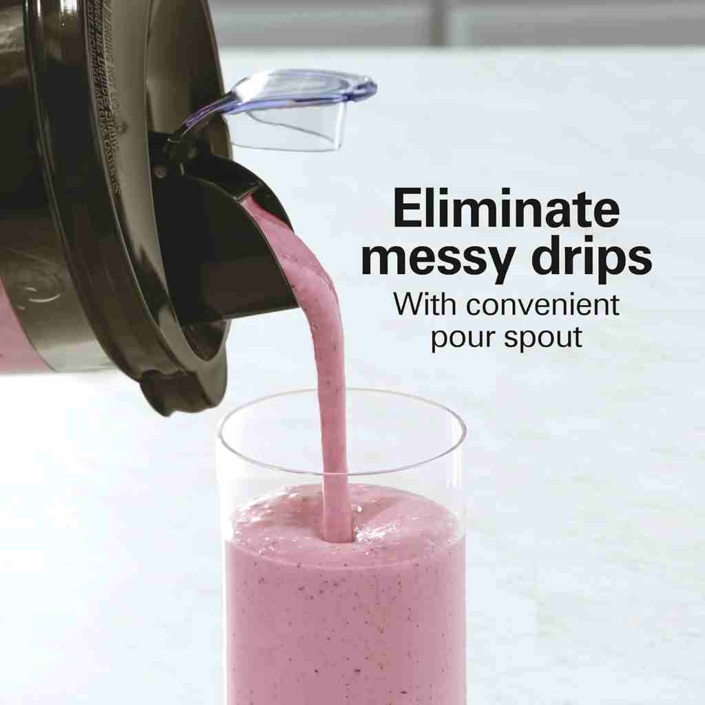 Sleek Hamilton Beach Power Elite blender in action, blending smoothie ingredients in a clear 40oz jar.
