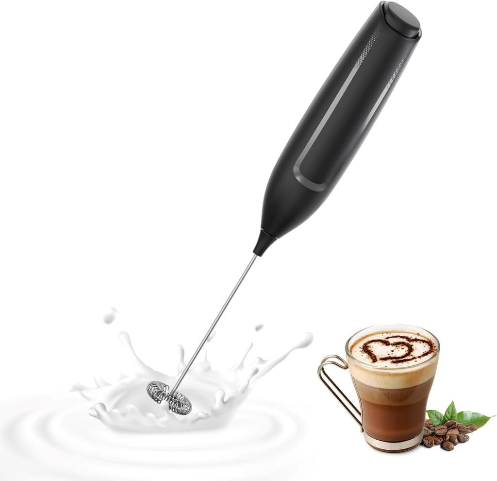 Battery-powered JIMYIU milk frother wand creating creamy foam for coffee drinks