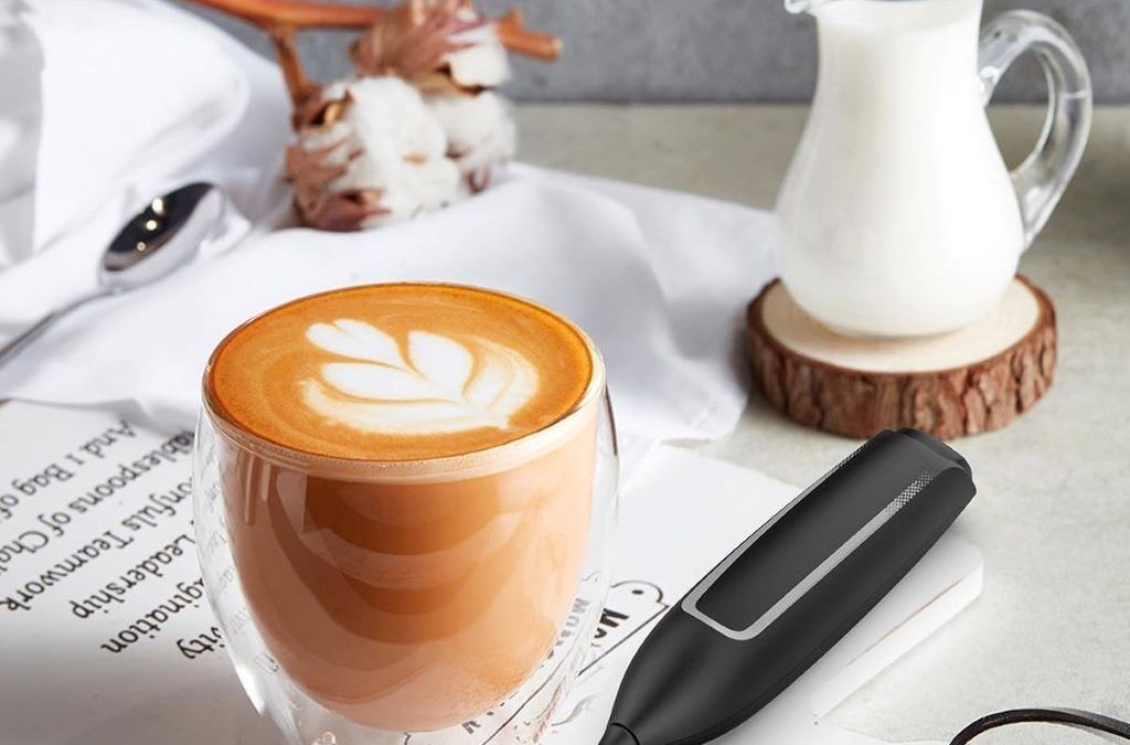 JIMYIU handheld milk frother with stainless steel whisk for coffee, lattes, and cappuccinos