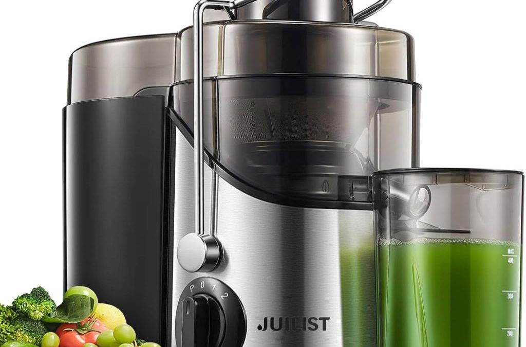Juilist 800W wide-mouth juicer with stainless steel design on kitchen counter