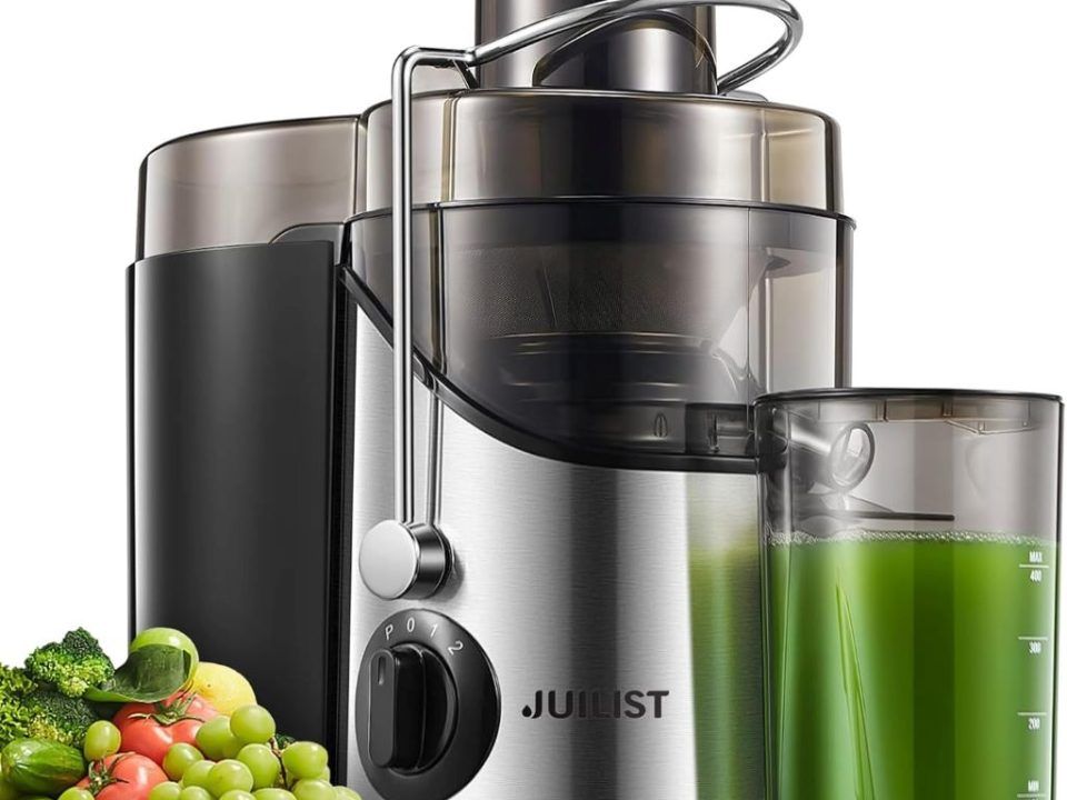 Juilist 800W wide-mouth juicer with stainless steel design on kitchen counter