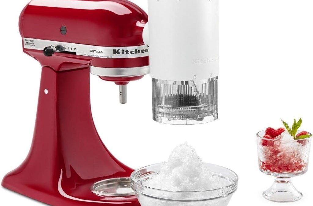 KitchenAid Shave Ice Attachment KSMSIA in white, showing 4 ice molds ready for making shaved ice.