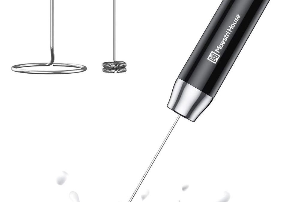 Maestri House LunaFro rechargeable milk frother with stainless steel whisk and stand