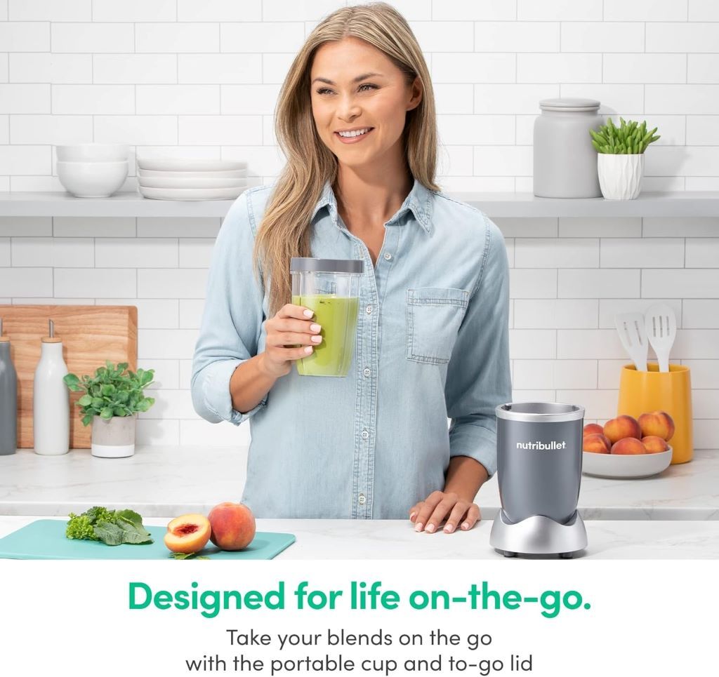 Nutribullet 600W Personal Blender with 24oz cup shown on kitchen counter, ideal for smoothies and shakes