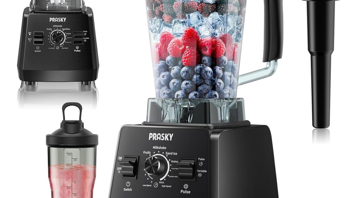 PRASKY 1000W blender with 25,000 RPM motor, large 68oz BPA-free jar, juicer and grinder attachment for ice crushing, shakes, smoothies, and fruits