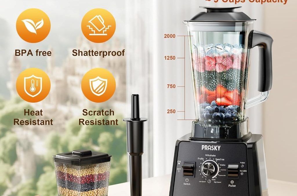 PRASKY Max Blender & Grinder on kitchen counter with fruits and smoothie, showcasing its powerful 2400W motor.