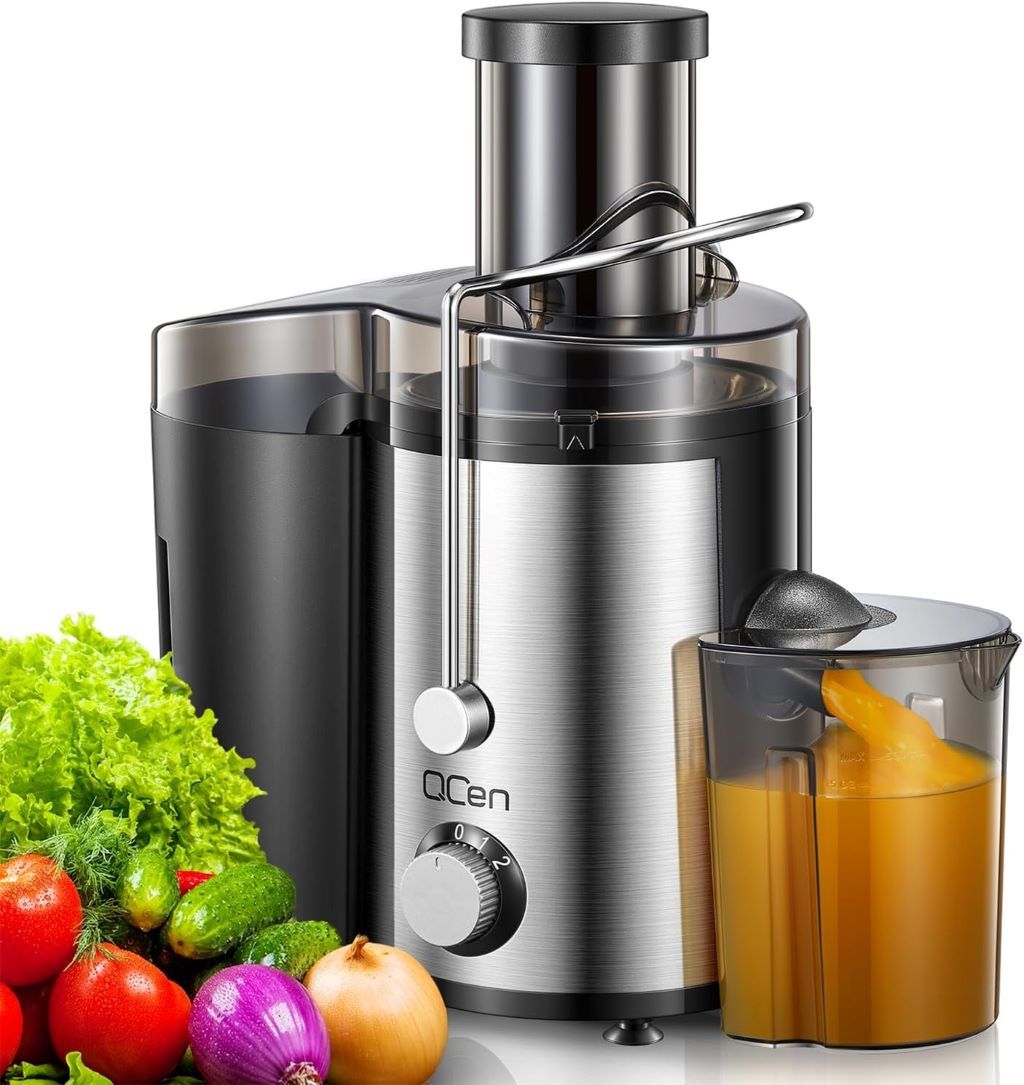 Qcen 800W centrifugal juicer with wide 3-inch feed chute and stainless steel body.