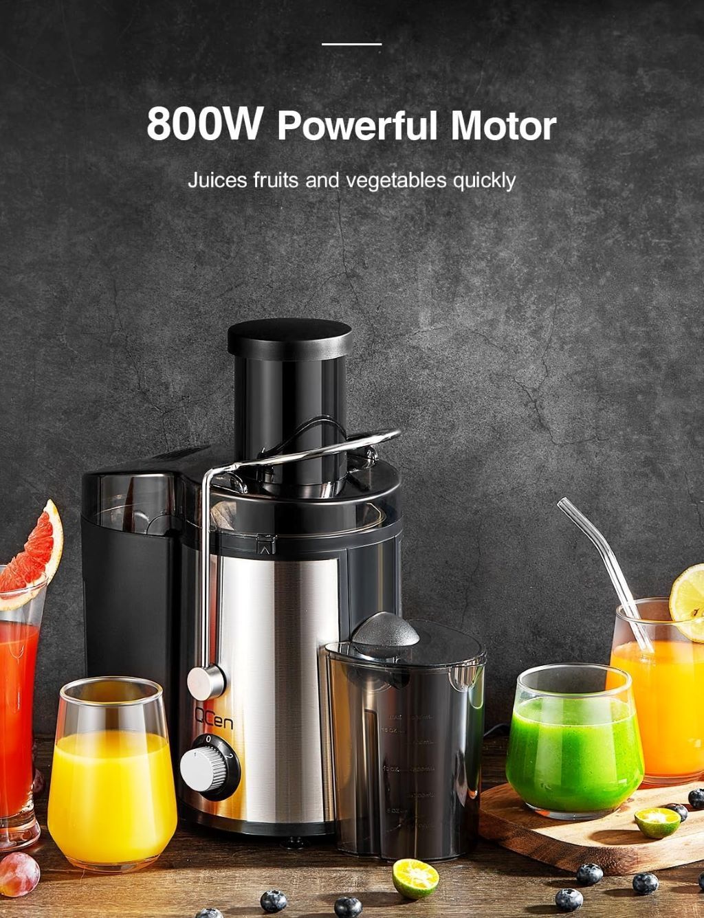 Black Qcen juicer extracting juice from fruits and vegetables, easy to clean.