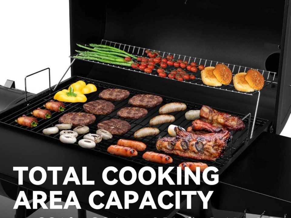 Side view of the Royal Gourmet 30″ charcoal grill with offset smoker, showing spacious grilling surface and sturdy steel frame.