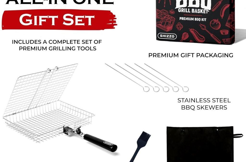SHIZZO stainless steel grill basket set with handle and accessories, ideal for BBQ, grilling veggies, and outdoor cooking.