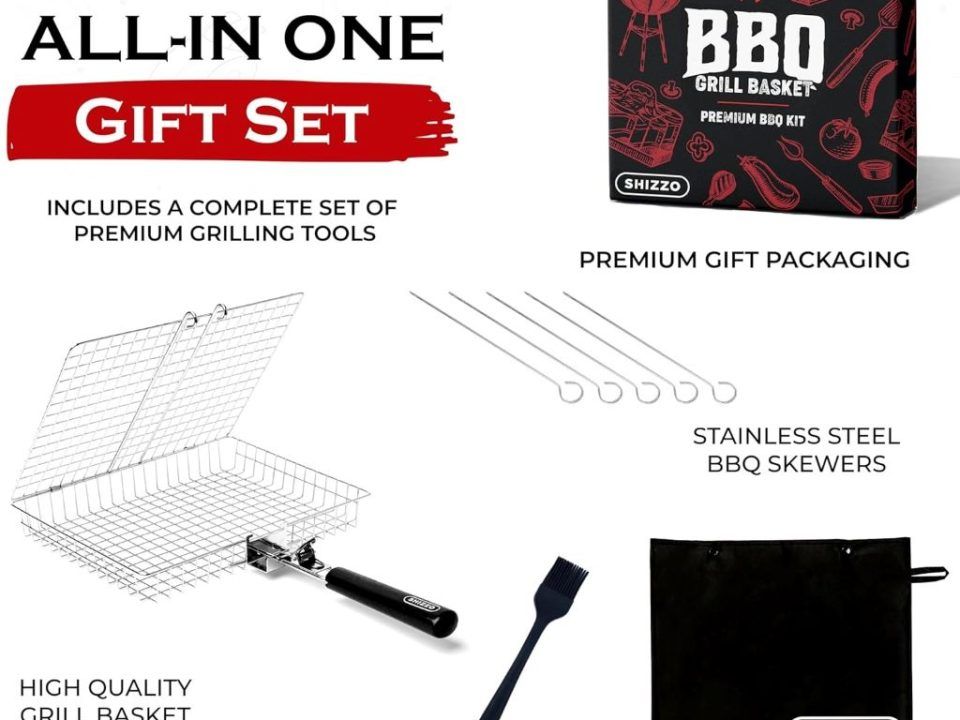 SHIZZO stainless steel grill basket set with handle and accessories, ideal for BBQ, grilling veggies, and outdoor cooking.