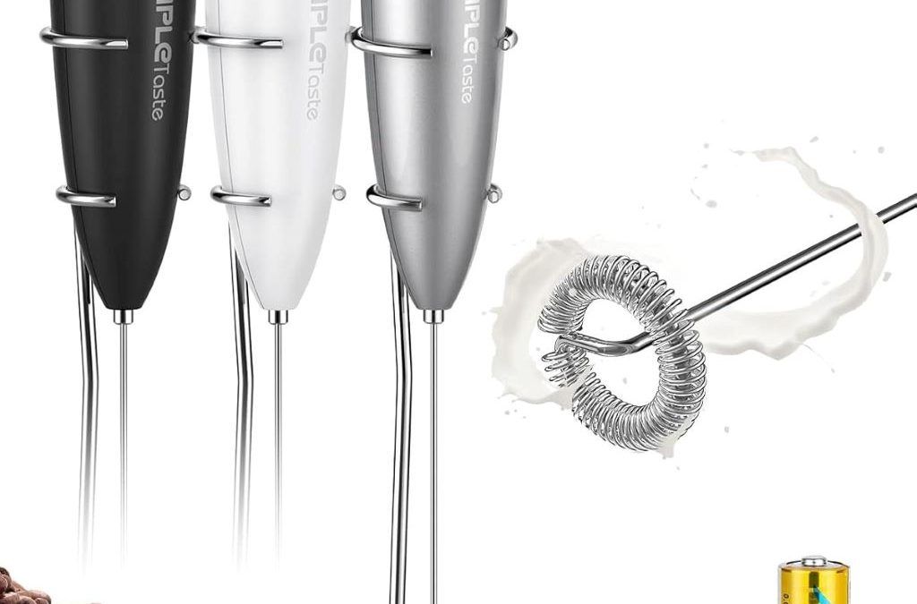 SIMPLETaste handheld milk frother with stainless steel whisk and stand on kitchen counter