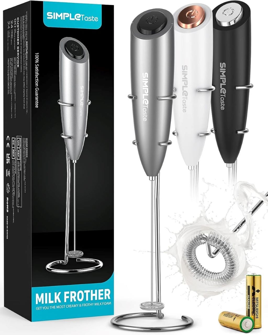 Battery-operated electric milk frother making foam for cappuccino at home