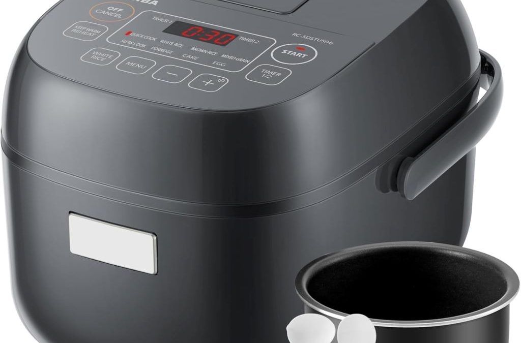 Toshiba 3-cup rice cooker with LCD display and 8 cooking functions